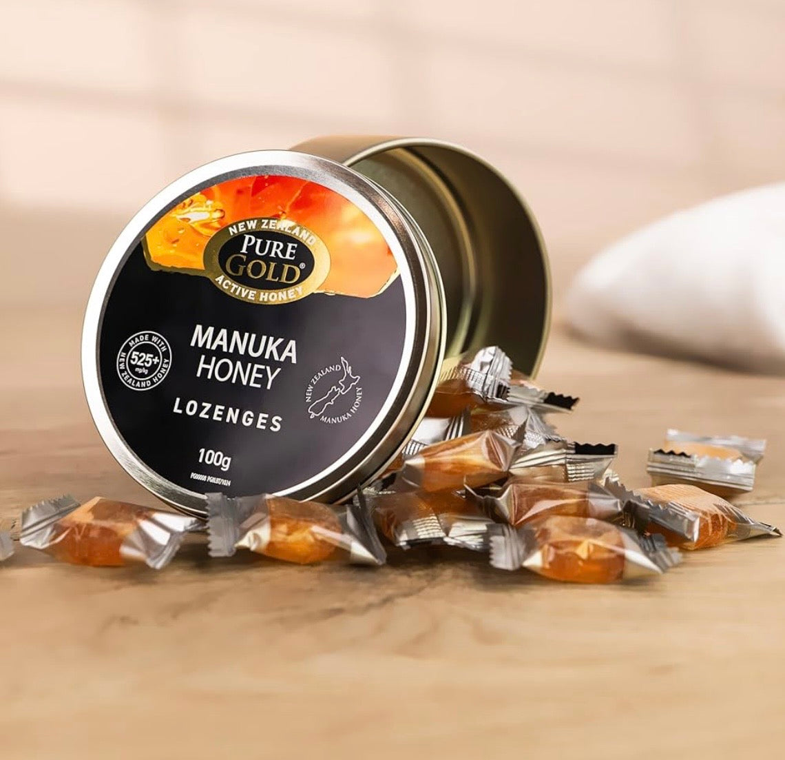 Pure Gold - Manuka Honey - 525+ MGO - 100g - Anti-Inflammatory Properties for Sore Throat Relief - 20 Lozenges - Plain