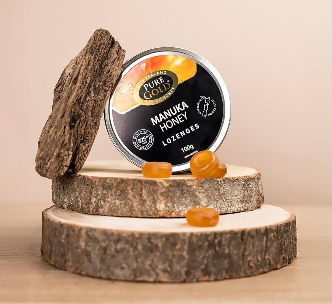 Pure Gold - Manuka Honey - 525+ MGO - 100g - Anti-Inflammatory Properties for Sore Throat Relief - 20 Lozenges - Plain